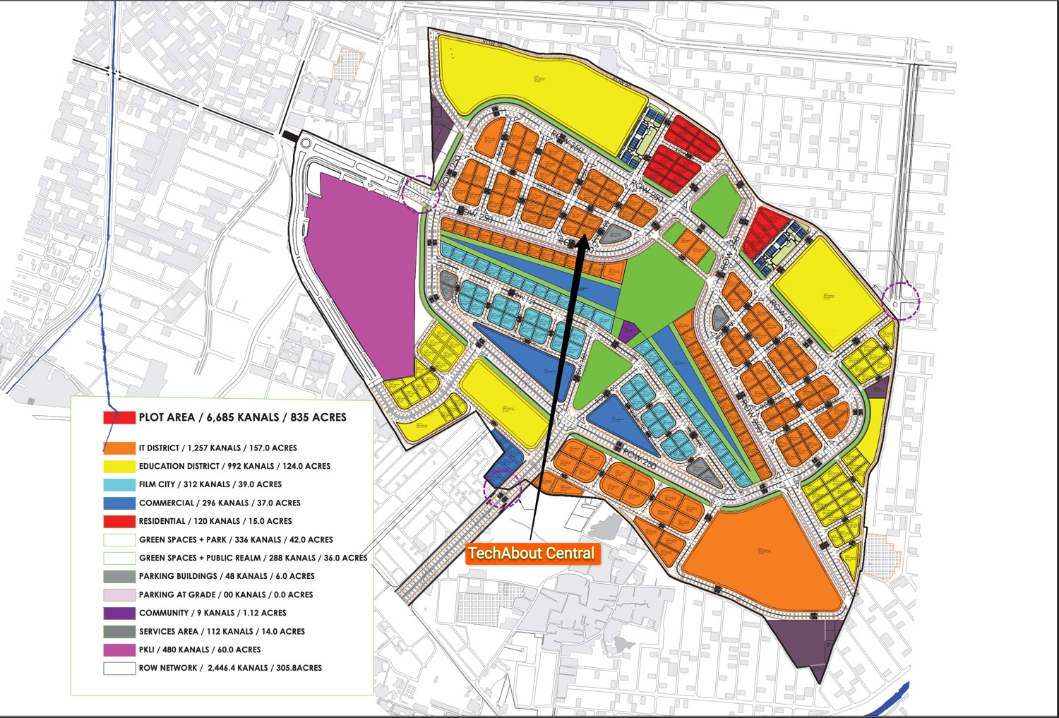 NSIT master plan showing the IT District, Education District, Film City and road network with TechAbout Central's location