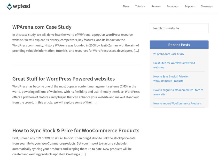 wpfeed.com homepage